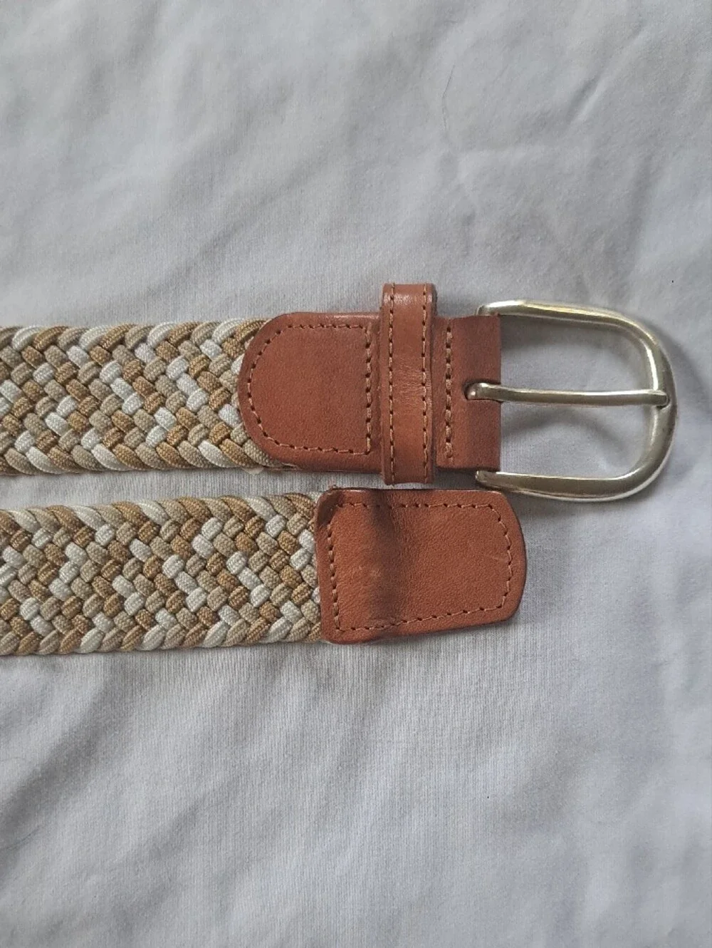 Stretchy Braided Adjustable Belt W/ Leather Trim And Solid Brass Buckle Size 34